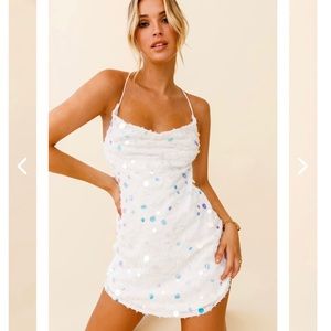 CANDID MOMENT STRAPPY COWL BACK SEQUIN MINI DRESS WHITE